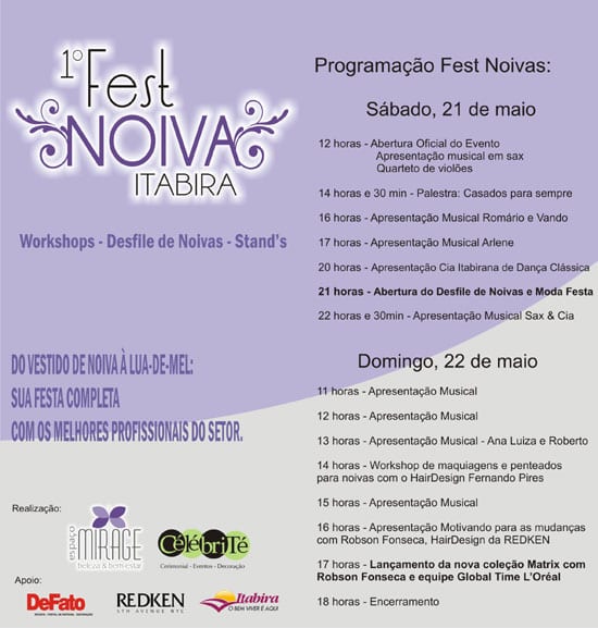 Programação do 1º Fest Noivas de Itabira, neste fim de semana