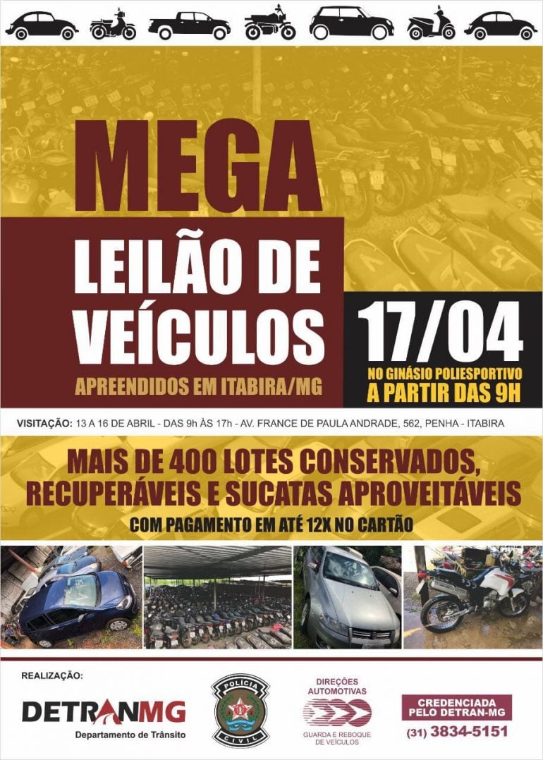 Detran promove leilão de veículos em Itabira no dia 17 de abril