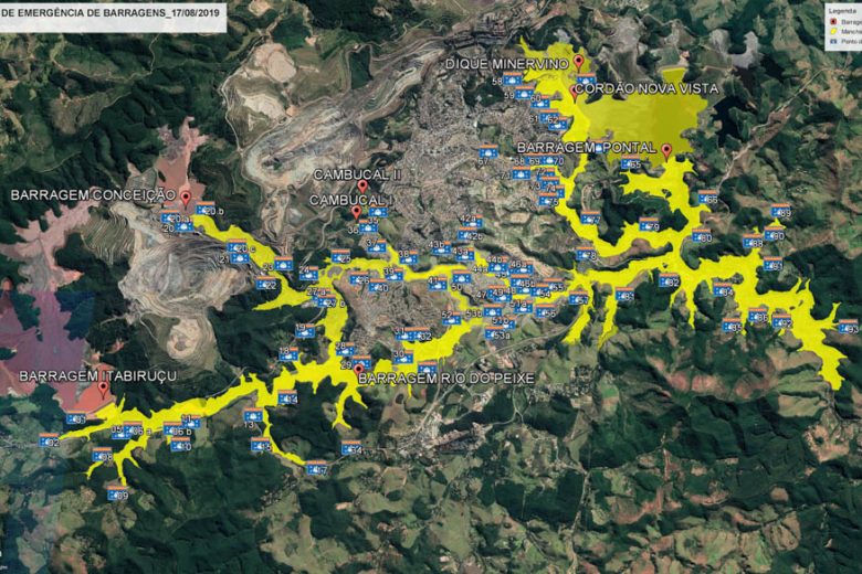 Mapa mostra áreas que serão inundadas em caso de rompimento de barragem em Itabira