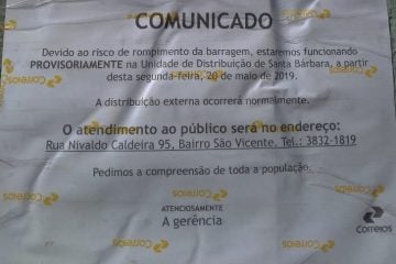 Correios de Barão de Cocais fecham as portas devido ao risco de rompimento de barragem