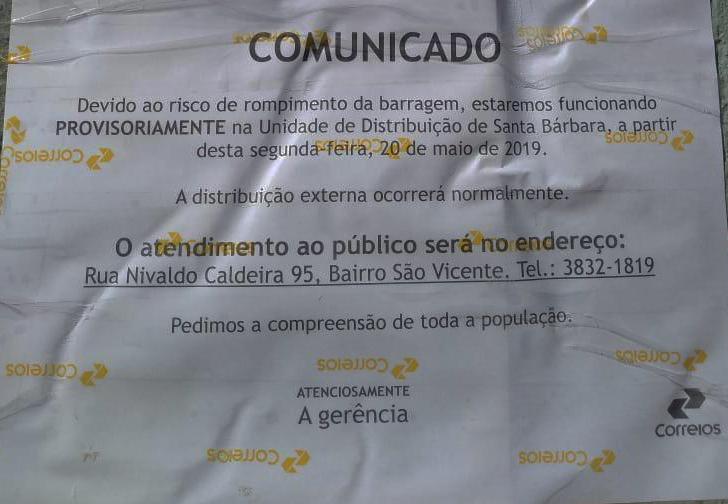 Correios de Barão de Cocais fecham as portas devido ao risco de rompimento de barragem