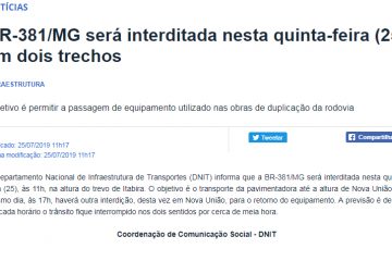 Dnit informa sobre duas interrupções no trânsito da BR-381 nesta quinta-feira