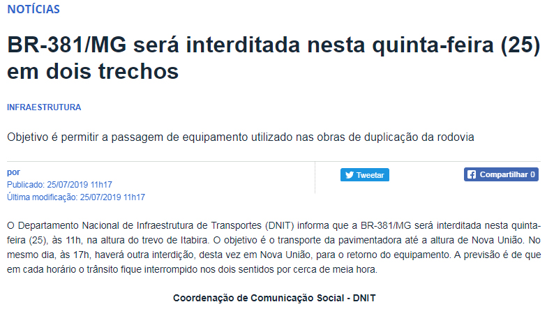 Dnit informa sobre duas interrupções no trânsito da BR-381 nesta quinta-feira