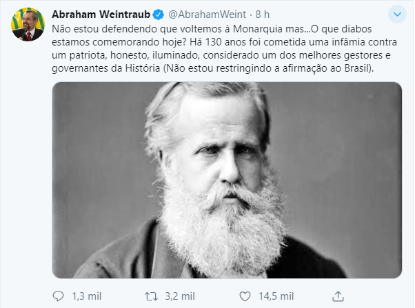 Ministro da Educação critica a Proclamação da República e exalta D. Pedro II