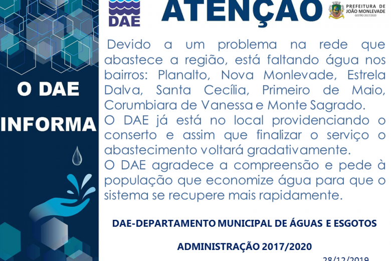 Sábado com falta de água em alguns bairros em Monlevade
