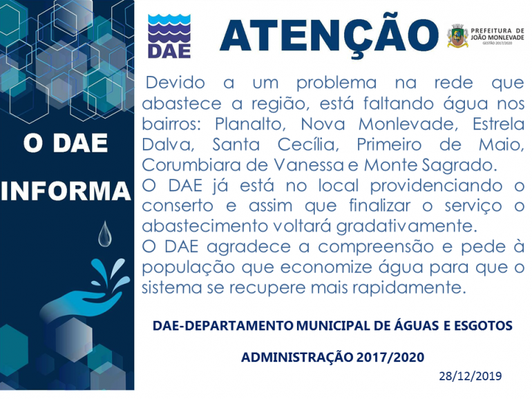 Sábado com falta de água em alguns bairros em Monlevade