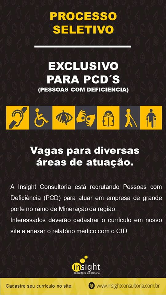 Recrutadora tem vagas para PCD´s em Itabira, Mariana, Rio Piracicaba e São Gonçalo
