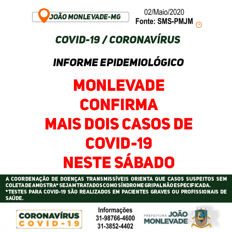 Mais dois casos confirmados de coronavírus em Monlevade; total chega a 9