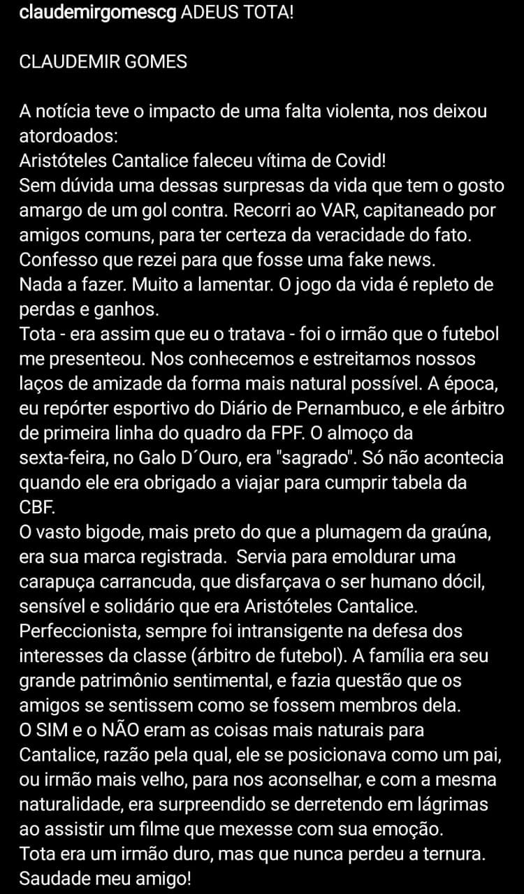 Ex-árbitro Aristóteles Cantalice morre vítima do novo coronavírus