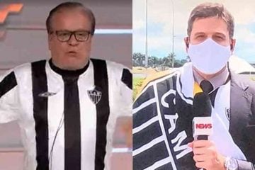 Chico Pinheiro e repórter comemoram título do Atlético na Globo