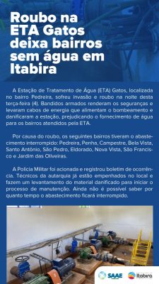 Roubo na ETA Gatos deixa bairros sem água em Itabira