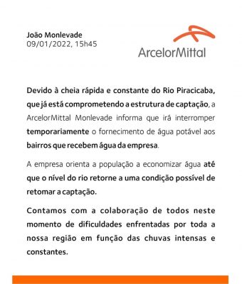 ArcelorMittal suspende distribuição de água para bairros de Monlevade devido cheia do rio Piracicaba