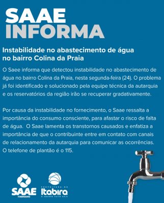 Itabira: abastecimento de água no bairro Colina da Praia tem instabilidade nesta segunda-feira