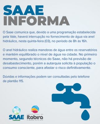 Itabira: Saae comunica interrupção no fornecimento de água via Anel Hidráulico