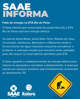 Itabira: ETA Rio de Peixe fica sem energia elétrica e oito bairros tem fornecimento de água reduzido