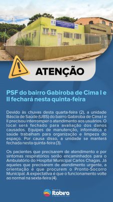 Chuvas: PSF do bairro Gabiroba de Cima I e II não abrirá nesta quinta-feira