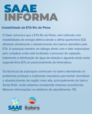 Itabira: ETA Rio de Peixe segue com instabilidade; 8 bairros têm abastecimento prejudicado