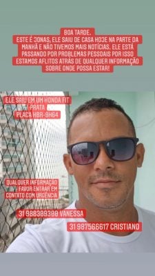 Itabirano Jonas Duarte está desparecido; família procura por informações