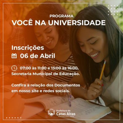 Prefeitura de Catas Altas abre inscrições para incentivo a estudantes
