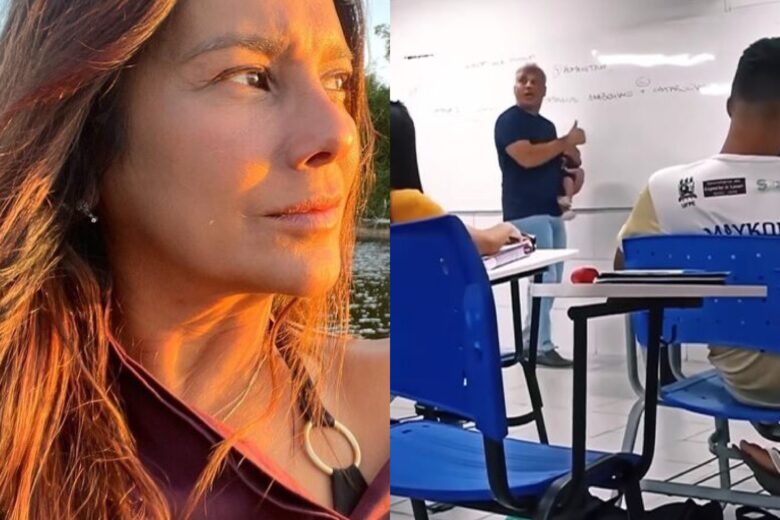 Dira Paes compartilha vídeo do irmão carregando bebê de aluna durante aula