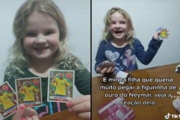 Menina de 5 anos chora ao encontrar figurinha de Neymar do álbum da Copa