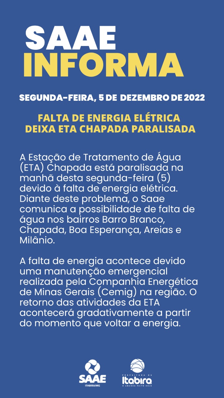 Falta de energia elétrica paralisa ETA Chapada; pode faltar água em quatro bairros de Itabira