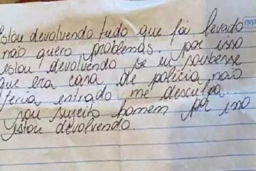 “Estou devolvendo tudo que foi levado”, escreve ladrão em bilhete após assaltar casa de policial