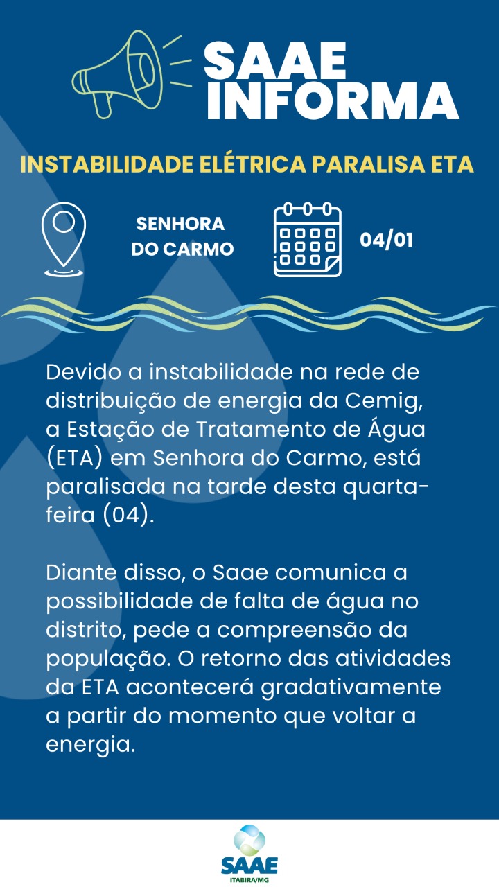 Itabira: instabilidade elétrica paralisa ETA em Senhora do Carmo