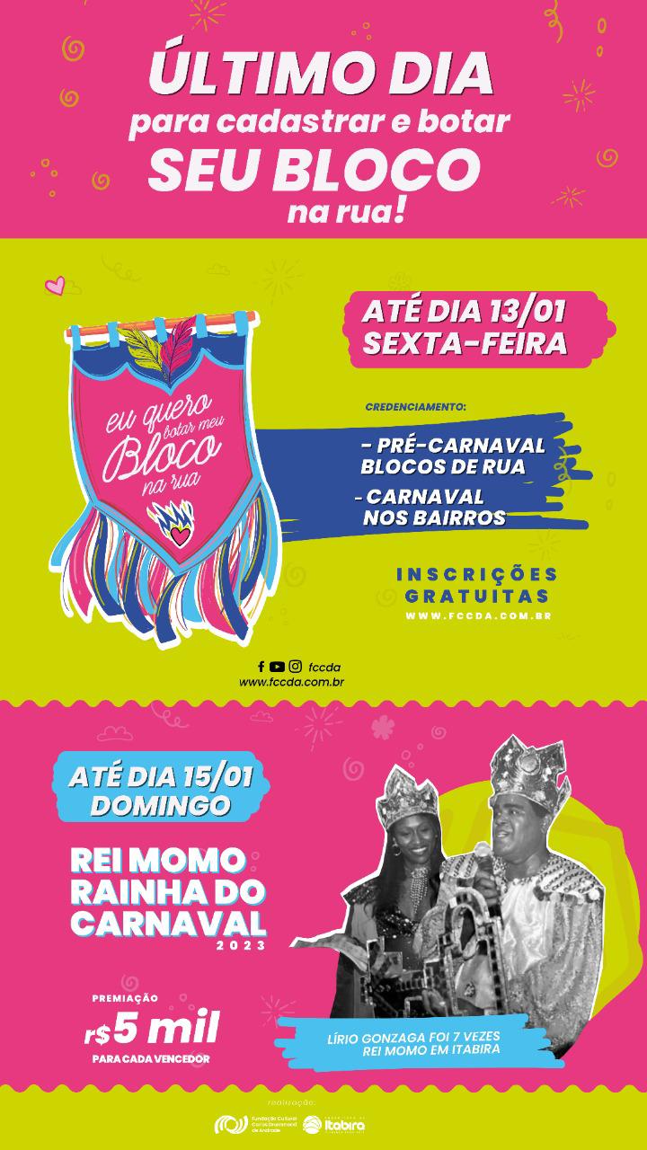 Encerra-se hoje (13), o credenciamento de blocos de rua para o carnaval de Itabira