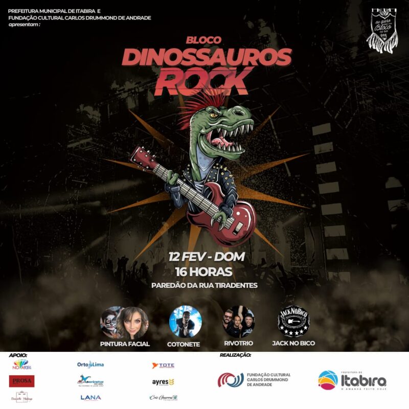 Folia para todos os gostos: ‘Dinossauros Rock’ desfilará no pré-carnaval de Itabira neste domingo (12)
