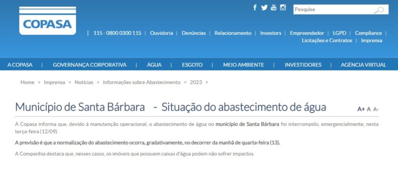 Rompimento de adutora deixa Santa Bárbara sem água até quarta-feira