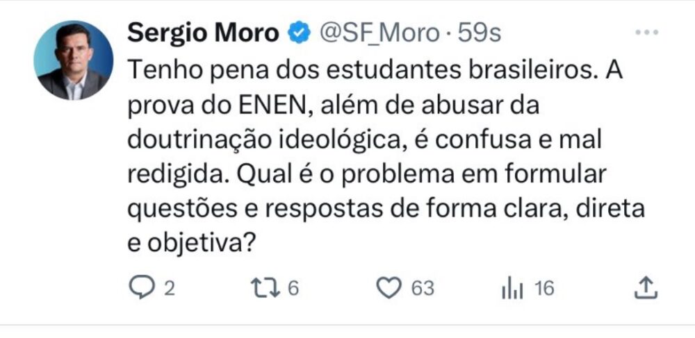 Moro critica prova do Enem "mal redigida", mas escreve errado nome do exame