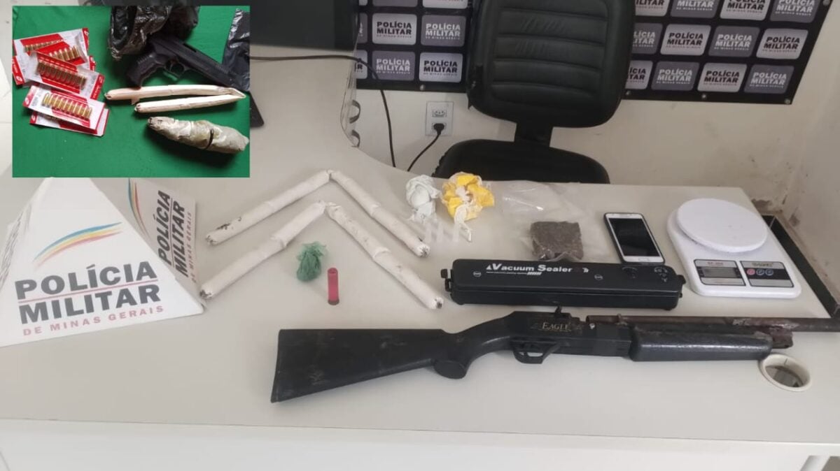 PM apreende arma de fogo, munições, explosivo e drogas em Itabira; dois homens foram presos