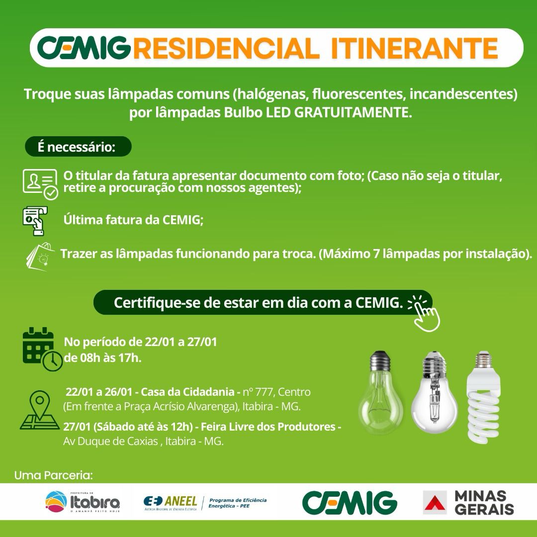 Itabira: Cemig disponibiliza posto de troca de lâmpadas residenciais