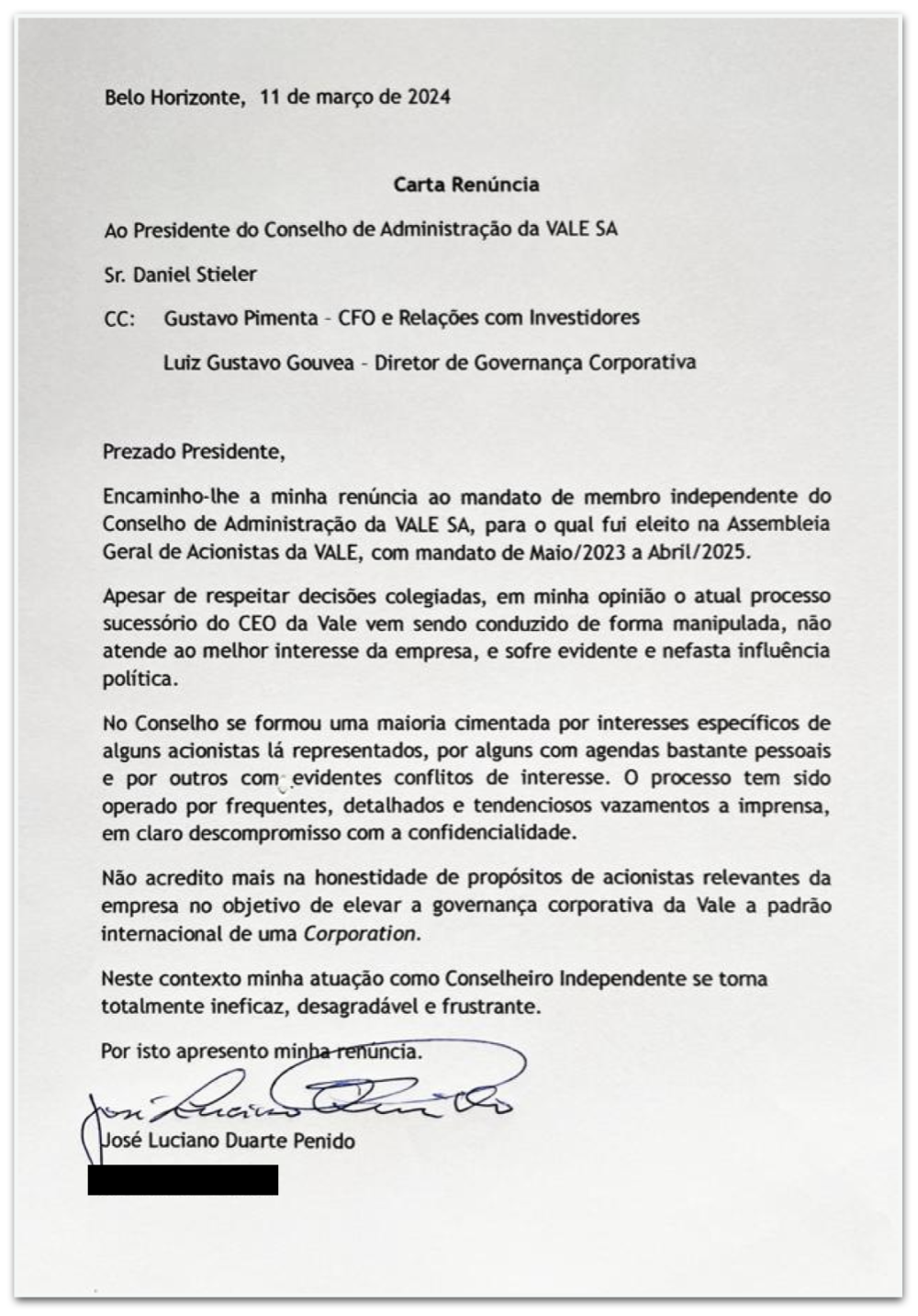 Conselheiro da Vale, itabirano Luciano Penido se demite do cargo com graves denúncias contra o governo federal