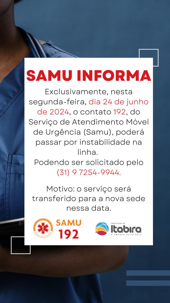 O Serviço de Atendimento Móvel de Urgência (Samu) de Itabira informou que o seu telefone de contato — número 192 — pode passar por instabilidade na manhã desta segunda-feira (24). Dessa forma, quem precisar falar com a unidade de saúde, a alternativa é pelo WhatsApp: (31) 9 7254-9944.    <!--<div class="leiamaisshortcode" style="display: block">        <a href="https://onelink.to/dky8hj" target="_blank">            <h4 style="color: #ee1c25;font-weight: bold;margin-bottom: 20px;" class="leiamaish4">+ Escolha temas e receba notificações de notícias em tempo real; baixe o App DeFato</h4>        </a>    </div>-->    <div class="leiamaisshortcode" style="display: block">                   <span style="color: #ee1c25;font-weight: bold;margin-bottom: 20px;" class="leiamaish4"><a href="https://instagram.com/defatoonline" target="_blank"><h4 style="color: #ee1c25;font-weight: bold;margin-bottom: 20px;" class="leiamaish4">+  Acompanhe as últimas notícias da DeFato no Instagram</h4></a></span>            </div>    <div class="leiamaisshortcode" style="display: block">                <span style="color: #ee1c25;font-weight: bold;margin-bottom: 20px;" class="leiamaish4"><a href="https://www.youtube.com/@DeFatoOnlineitabira" target="_blank"><h4 style="color: #ee1c25;font-weight: bold;margin-bottom: 20px;" class="leiamaish4">+  Assista aos conteúdos do canal da DeFato no YouTube</h4></a></span>    </div>     Ainda conforme o Samu, a instabilidade nas linhas de telefone acontece devido a transferência do serviço para a nova sede da unidade, o que acontece nesta segunda-feira.