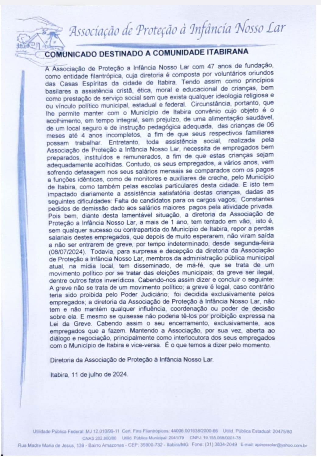 Prefeitura de Itabira propõe 5,7% de reajuste aos profissionais da creche Nosso Lar; situação segue indefinida