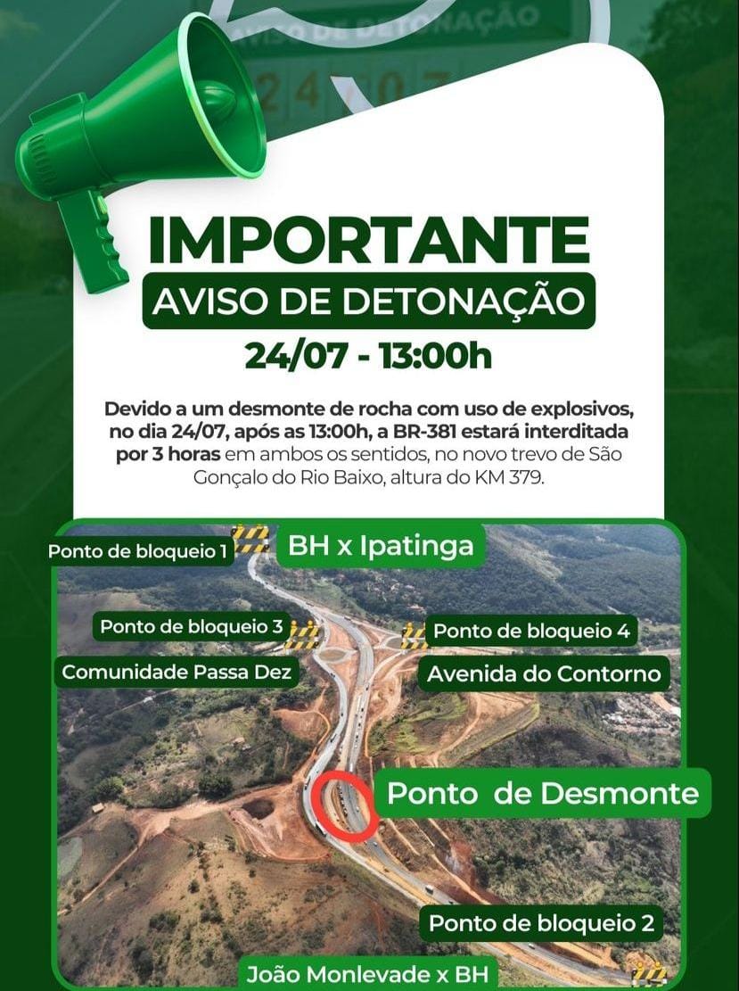 São Gonçalo do Rio Abaixo: trânsito na BR-381 será interditado nesta quarta-feira para detonação de rochas