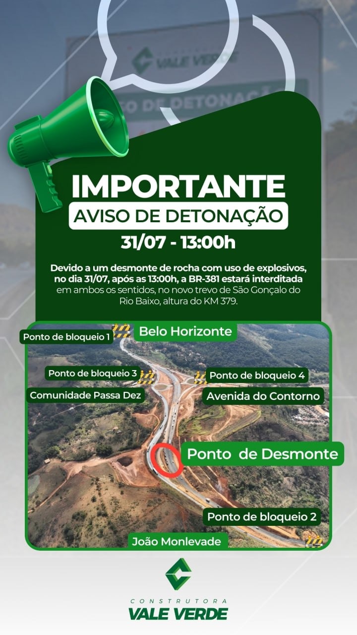 BR-381 será interditada nesta quarta-feira para detonação de rochas em São Gonçalo; confira rotas alternativas