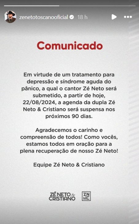 Zé Neto & Cristiano anunciam pausa na carreira para tratamento de saúde mental