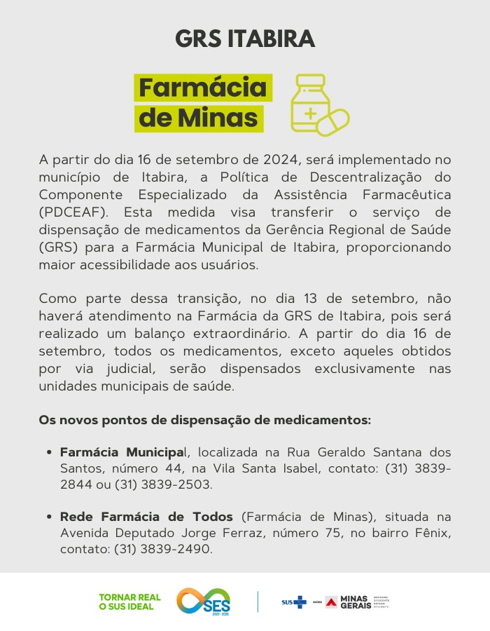 Itabira: medicamentos fornecidos pela Gerência Regional de Saúde serão entregues na Farmácia Municipal; saiba mais