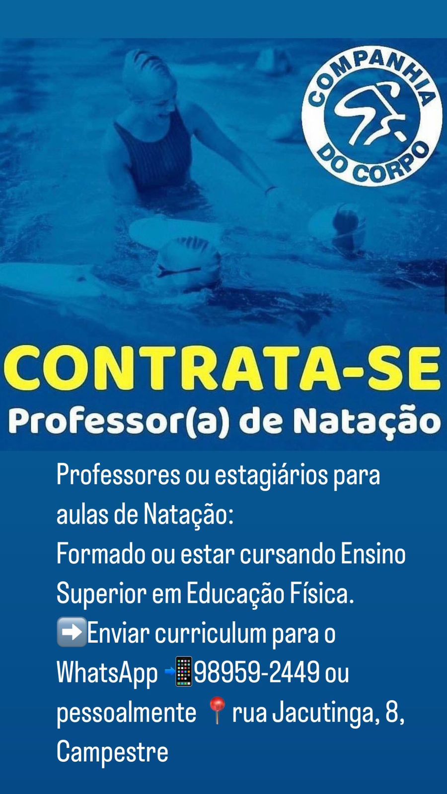 Companhia do Corpo contrata professor ou estagiário para aulas de natação; saiba mais