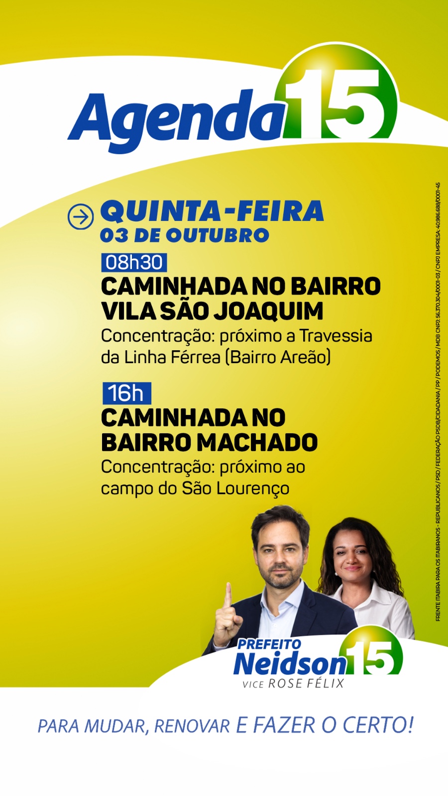 Reta final: confira a agenda do candidato a prefeito de Itabira Neidson Freitas para esta quinta-feira