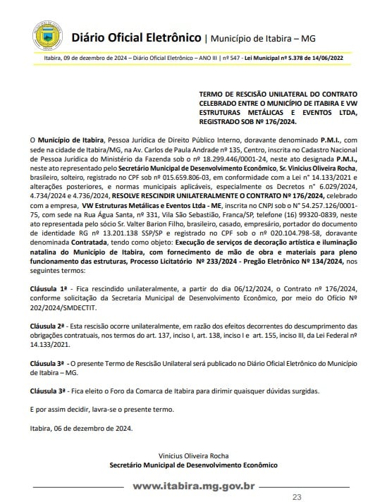 Prefeitura de Itabira rescinde contrato com empresa de decoração natalina por atraso e anuncia nova contratação emergencial
