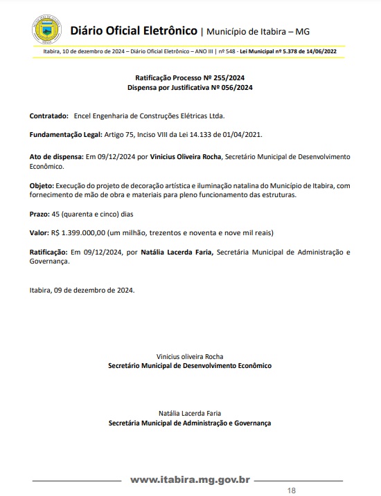 Prefeitura de Itabira rescinde contrato com empresa de decoração natalina por atrasos e anuncia nova contratação emergencial