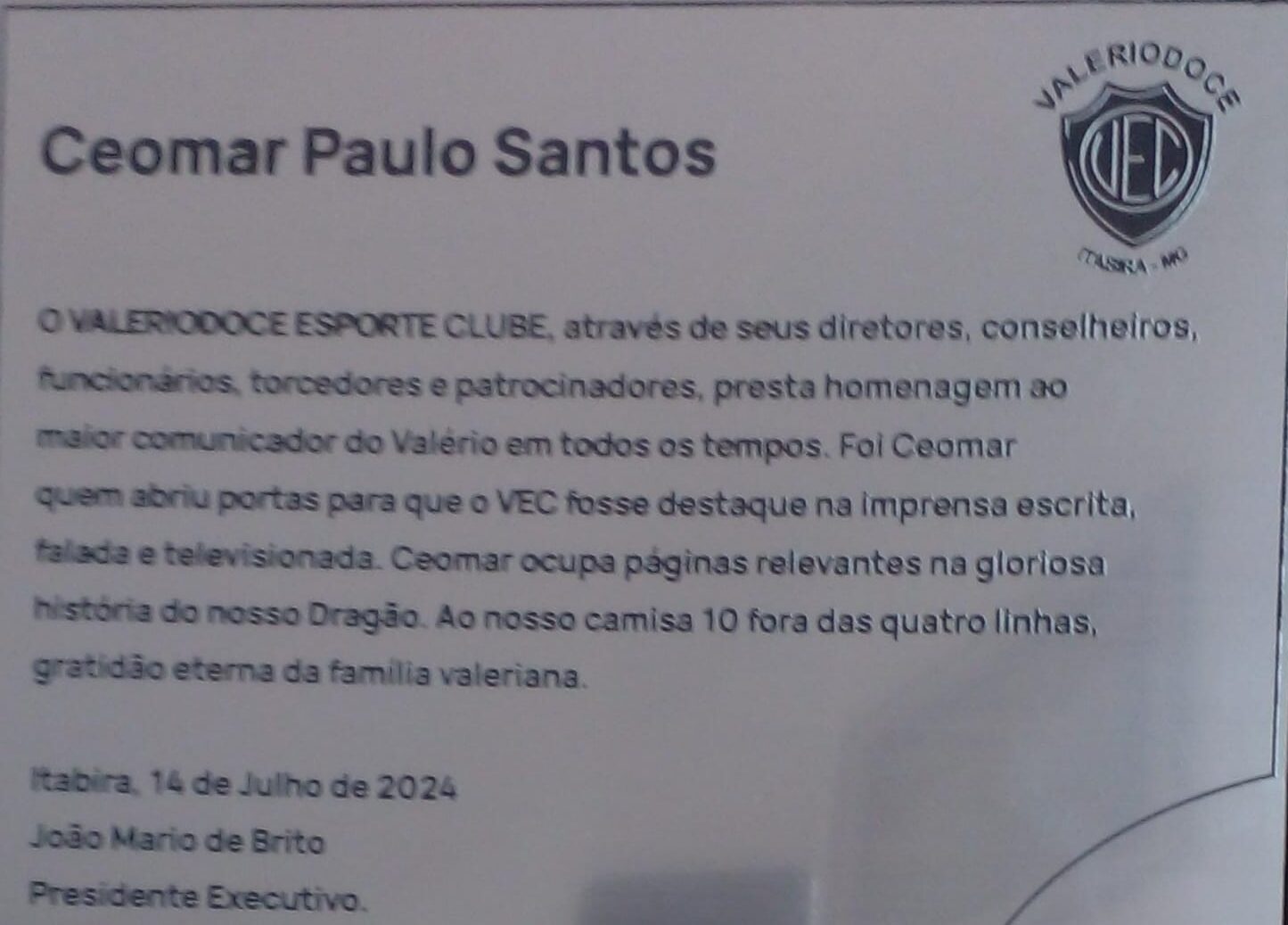 Itabira se despede de Ceomar Paulo Santos, economista e ex-diretor diretor do Valério