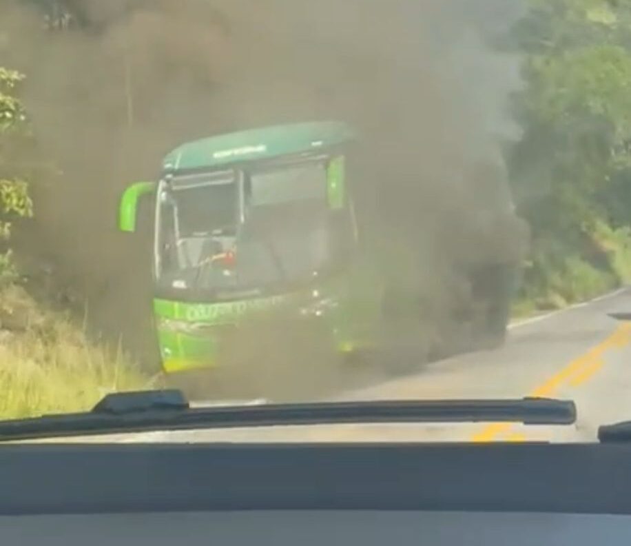 Ônibus da Pássaro Verde pega fogo próximo ao trevo de Furquim, na MG 262