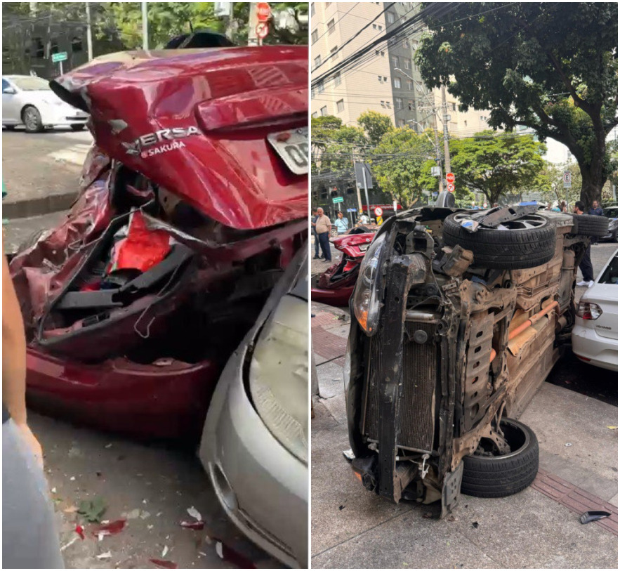 Motorista perde controle de carro, capota e bate em outros três veículos na Savassi, em BH