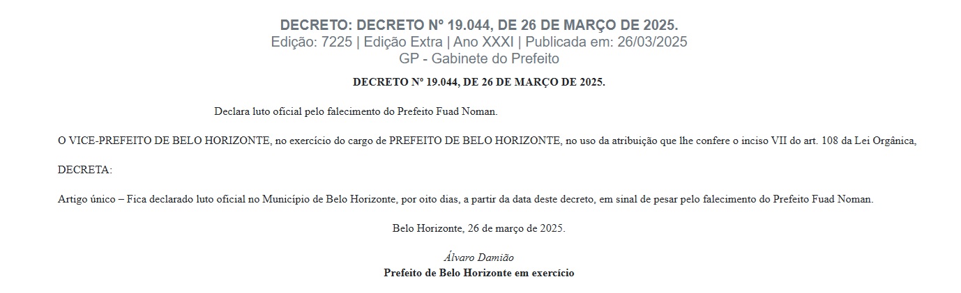 Fuad Noman será velado no saguão da Prefeitura de Belo Horizonte nesta quinta-feira