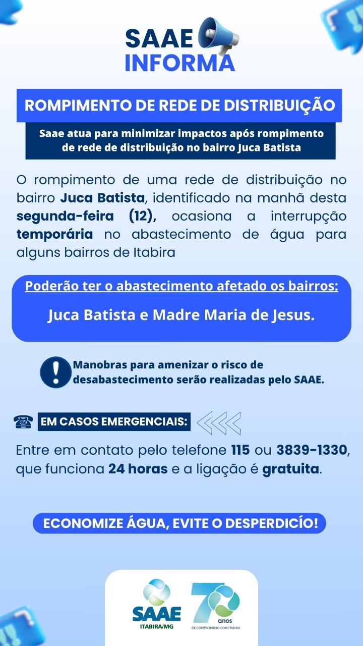 Rompimento de rede afeta abastecimento de água em dois bairros de Itabira